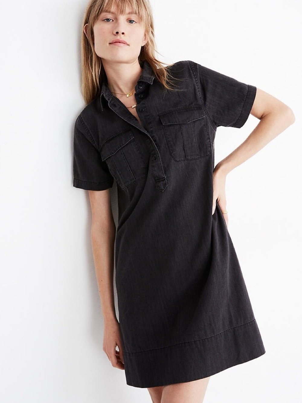 Madewell Denim Short-Sleeve Popover Shirtdress in Lunar Wash